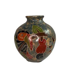 Handcrafted Costa Rican Pottery Vase With Toucan & Leaf Motif